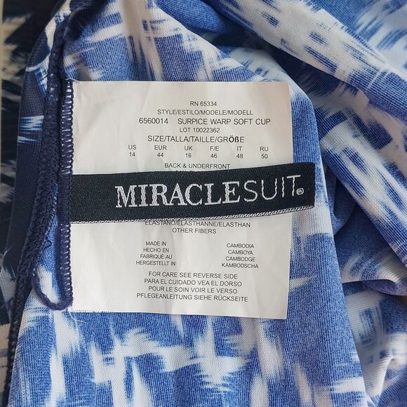 Miraclesuit Surpice Warp Soft Cup Swimsuit Women's 14 Blue Shirred Sides NEW! - Picture 5 of 7